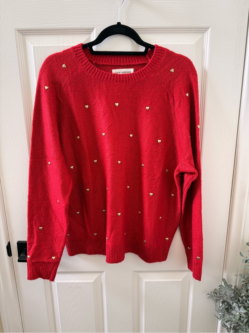 Lucky Brand Red Crewneck Sweater with Gold Heart Studs NWOT